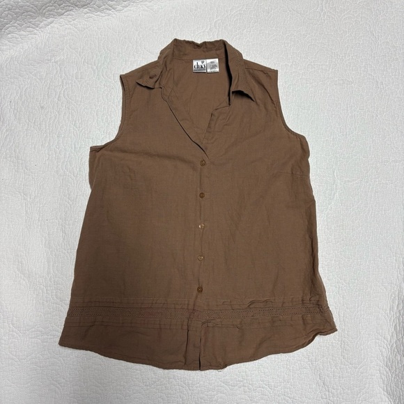 duo Maternity Tops - Linen Cotton Duo Maternity Sleeveless Button Down Top Brown Small